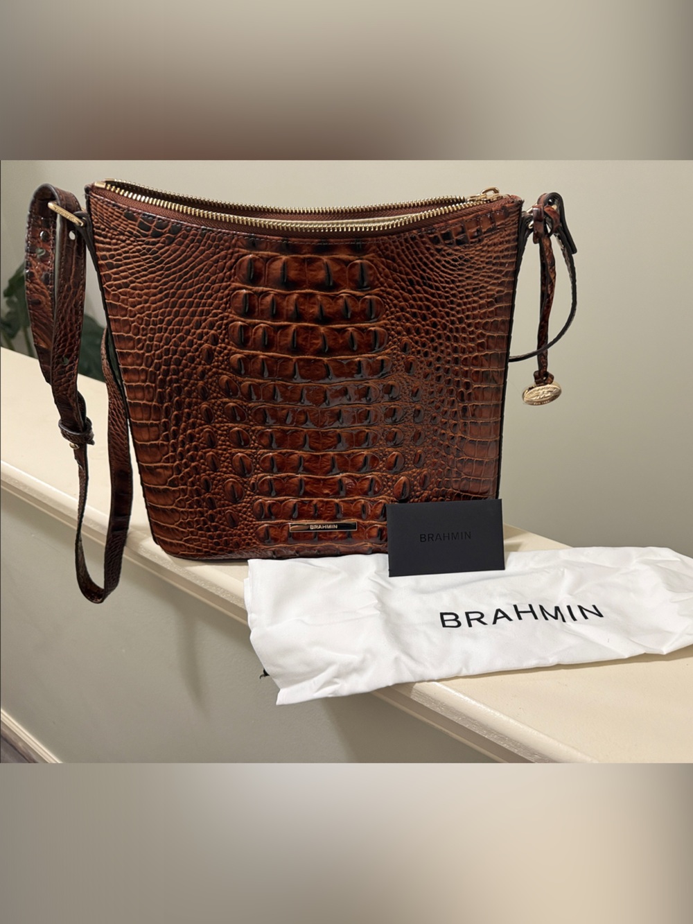 Brahmin Katie Cognac Croc-Embossed Leather Crossbody Bag
